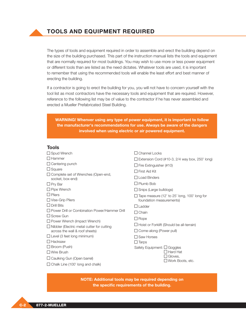 Tools and equipment required | Mueller Pre-Fab User Manual | Page 22 / 112