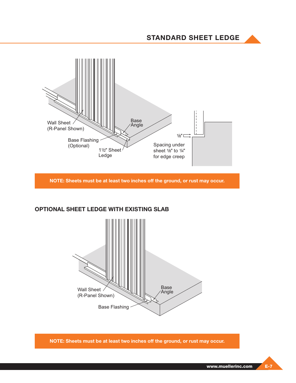 Standard sheet ledge, Optional sheet ledge with existing slab | Mueller Pre-Fab User Manual | Page 53 / 112