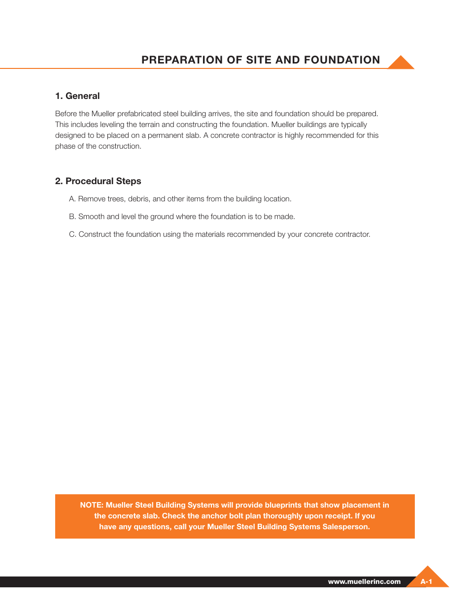 Preparation of site and foundation | Mueller Pre-Fab User Manual | Page 7 / 112