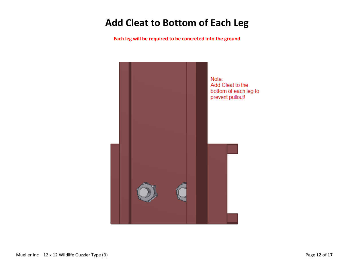 Add cleat to bottom of each leg | Mueller Wildlife Guzzler User Manual | Page 12 / 17