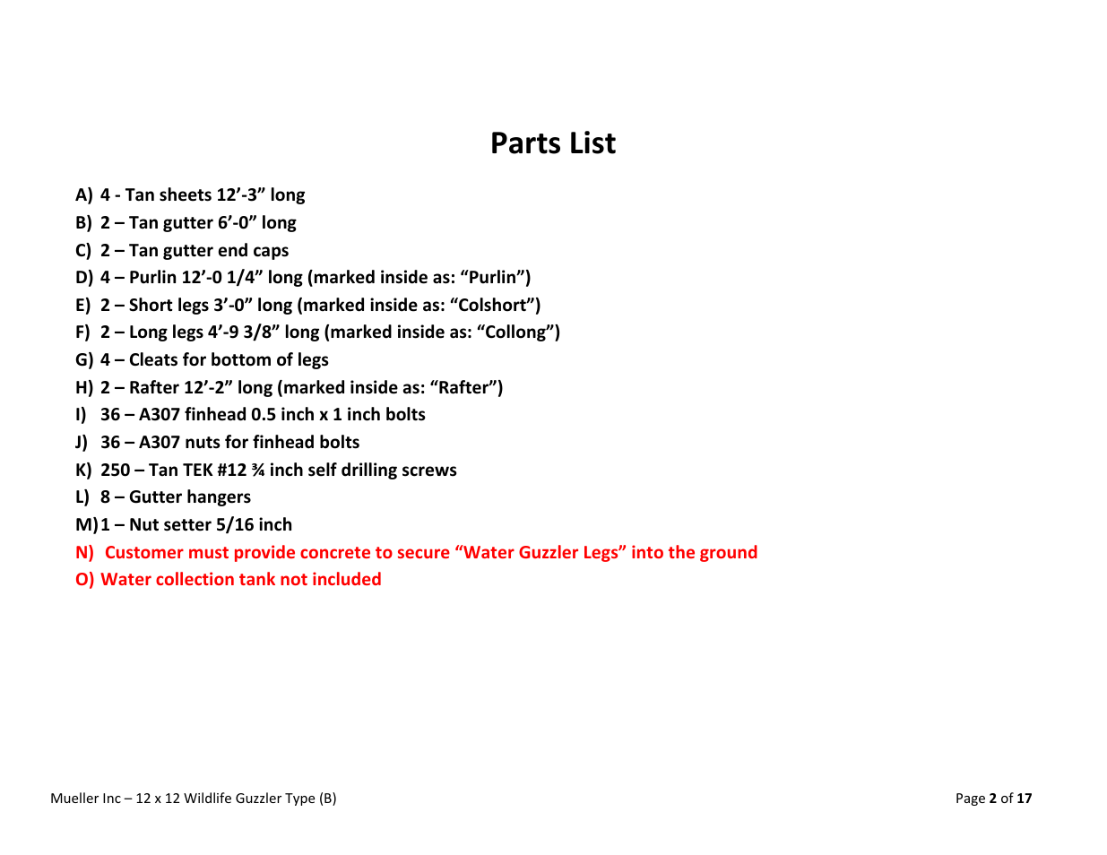 Parts list | Mueller Wildlife Guzzler User Manual | Page 2 / 17