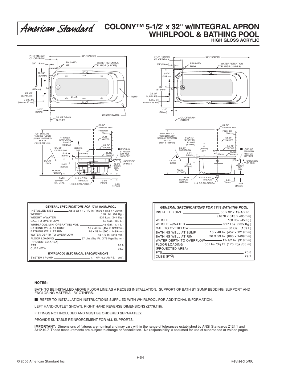 High gloss acrylic, Revised 5/06 | American Standard 1748.202 User Manual | Page 2 / 2