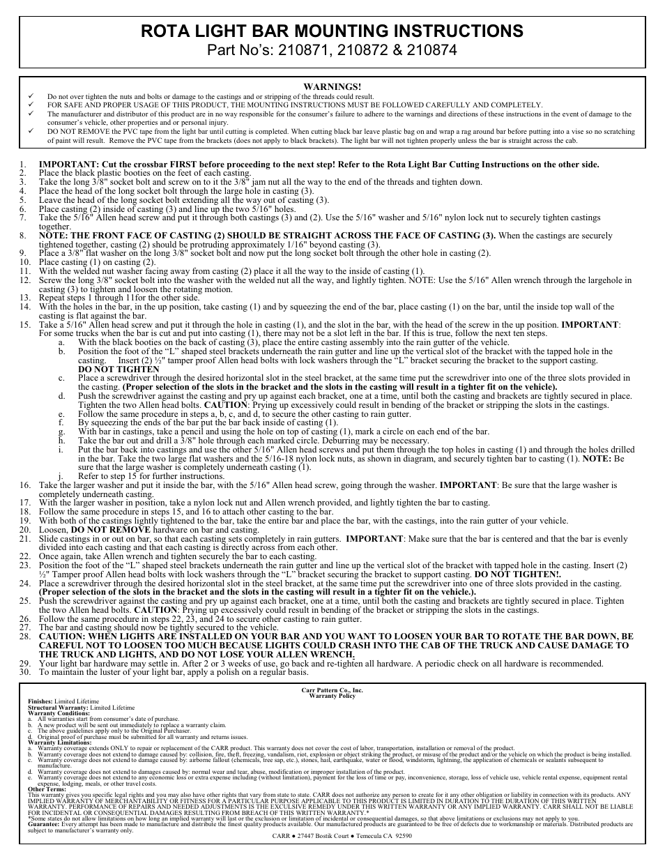 Rota light bar mounting instructions | CARR 210874 Rota Light Bar User Manual | Page 2 / 2