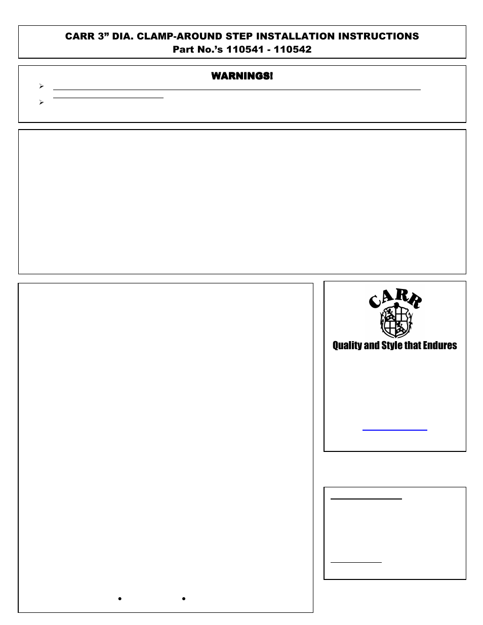 CARR 110542 Side Bar Step User Manual | 1 page