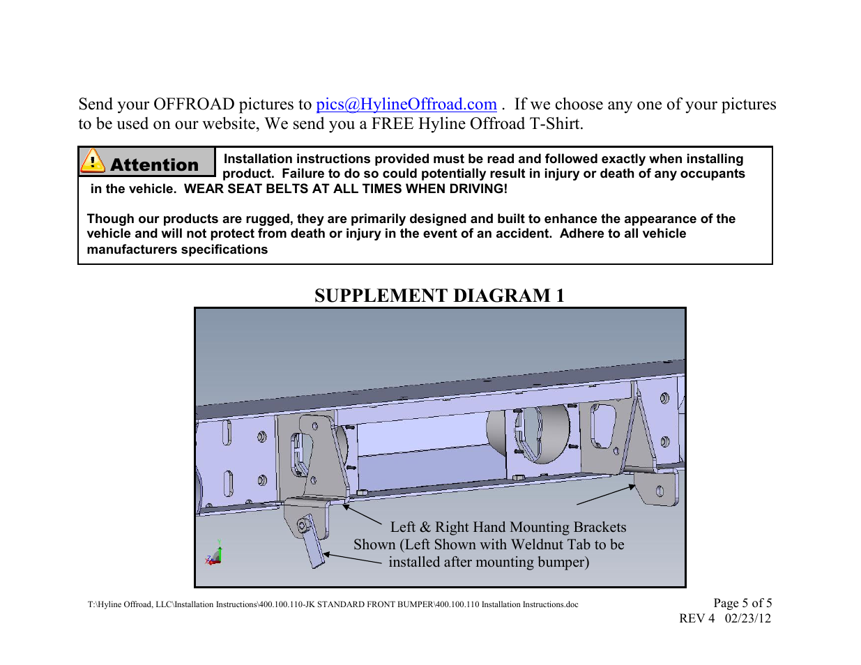 Supplement diagram 1, Attention | Hyline Offroad JK CRAWLER FRONT BUMPER User Manual | Page 5 / 5