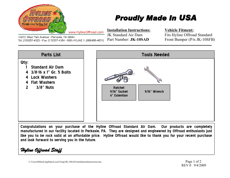 Hyline Offroad JK STANDARD FRONT BUMPER AIR DAM (2007-2009) User Manual | 2 pages