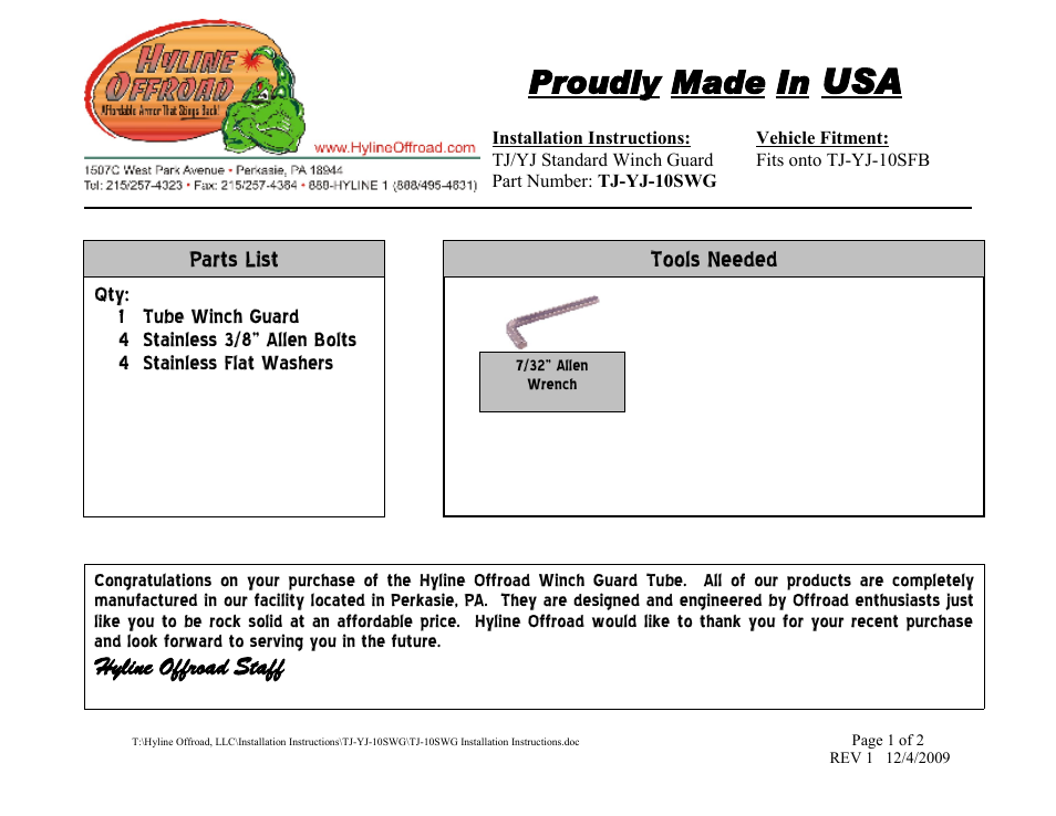 Hyline Offroad TJ/YJ STANDARD FRONT BUMPER WINCH GUARD User Manual | 2 pages