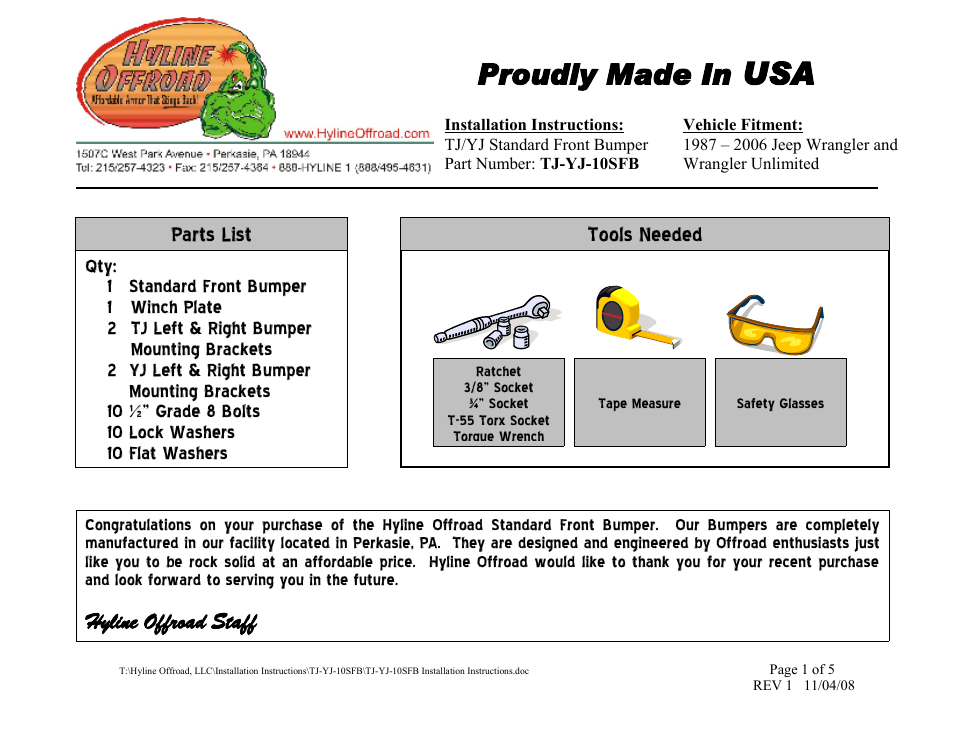 Hyline Offroad TJ/YJ CRAWLER FRONT BUMPER User Manual | 5 pages