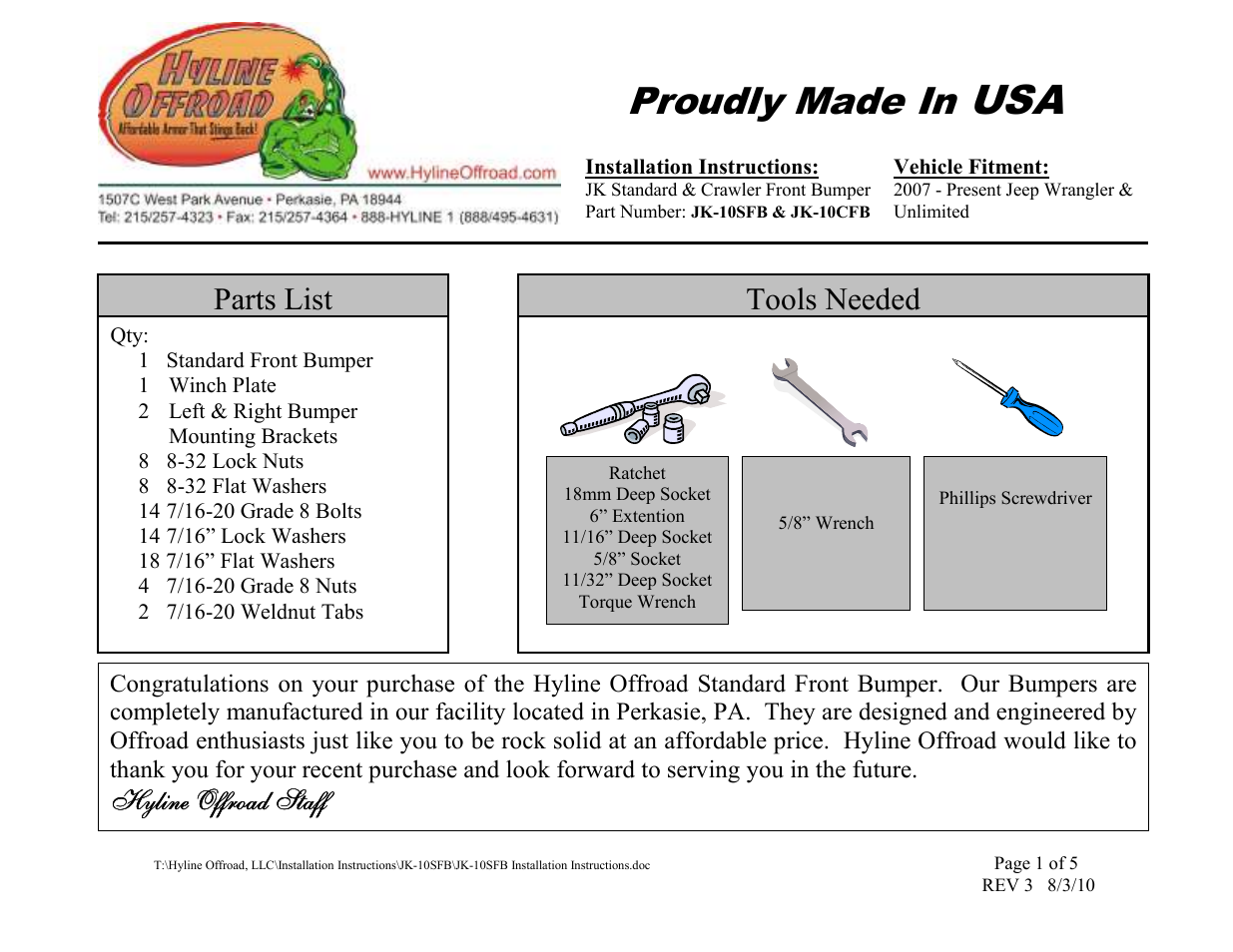 Hyline Offroad JK STANDARD FRONT BUMPER (ALL MODELS) User Manual | 5 pages
