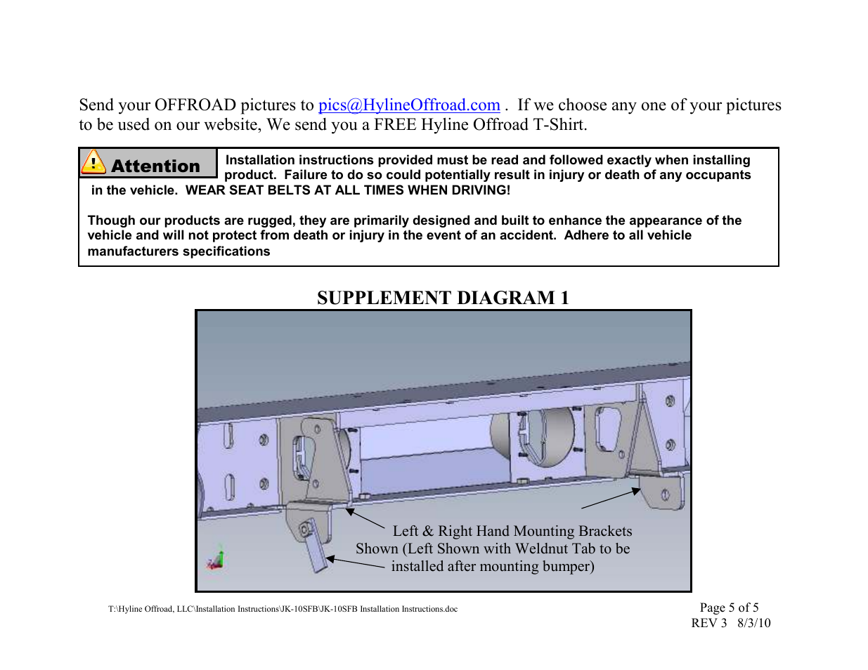 Supplement diagram 1, Attention | Hyline Offroad JK STANDARD FRONT BUMPER (ALL MODELS) User Manual | Page 5 / 5