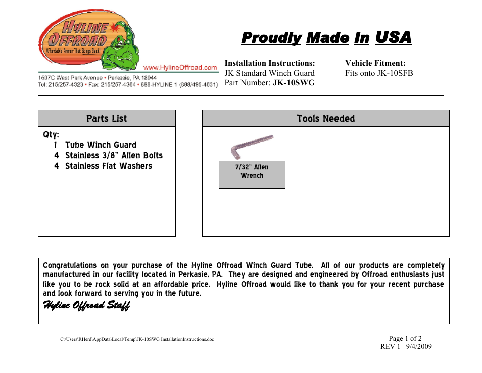 Hyline Offroad JK STANDARD HYLINE FRONT BUMPER WINCH GUARD (ALL MODELS) User Manual | 2 pages