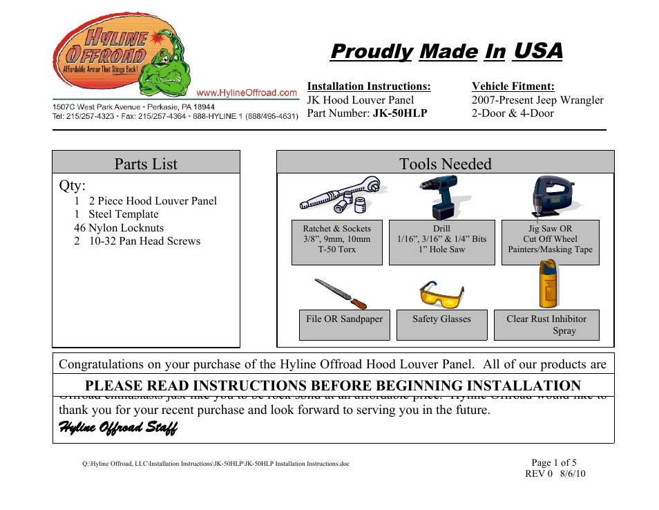 Hyline Offroad JK LOUVERED HOOD PANEL User Manual | 5 pages