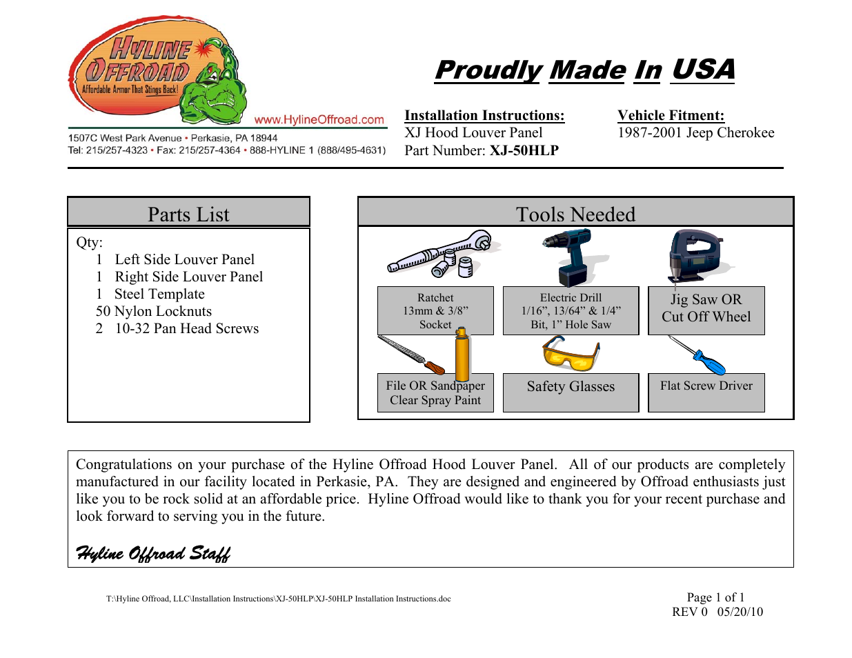 Hyline Offroad XJ LOUVERED HOOD PANEL User Manual | 4 pages