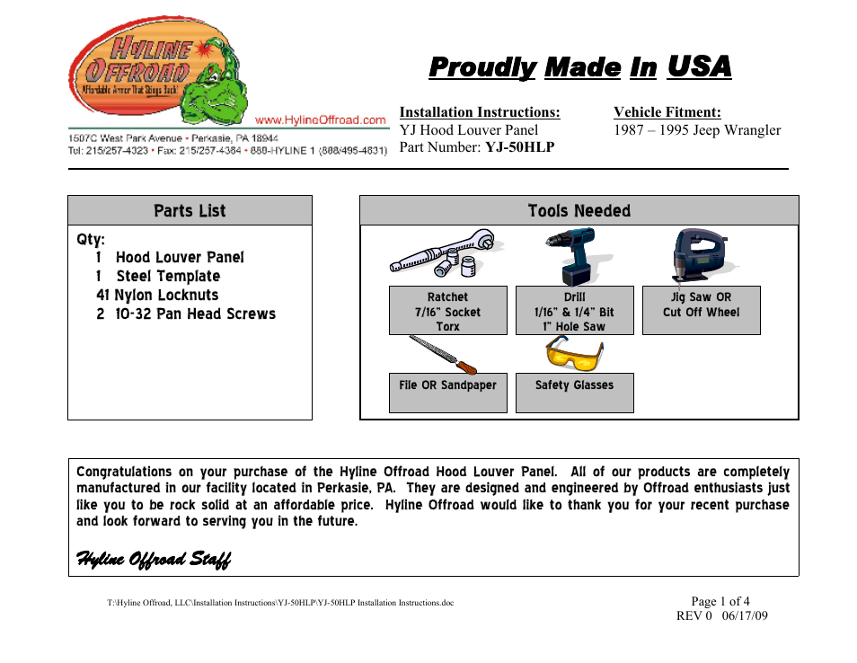 Hyline Offroad YJ LOUVERED HOOD PANEL User Manual | 4 pages