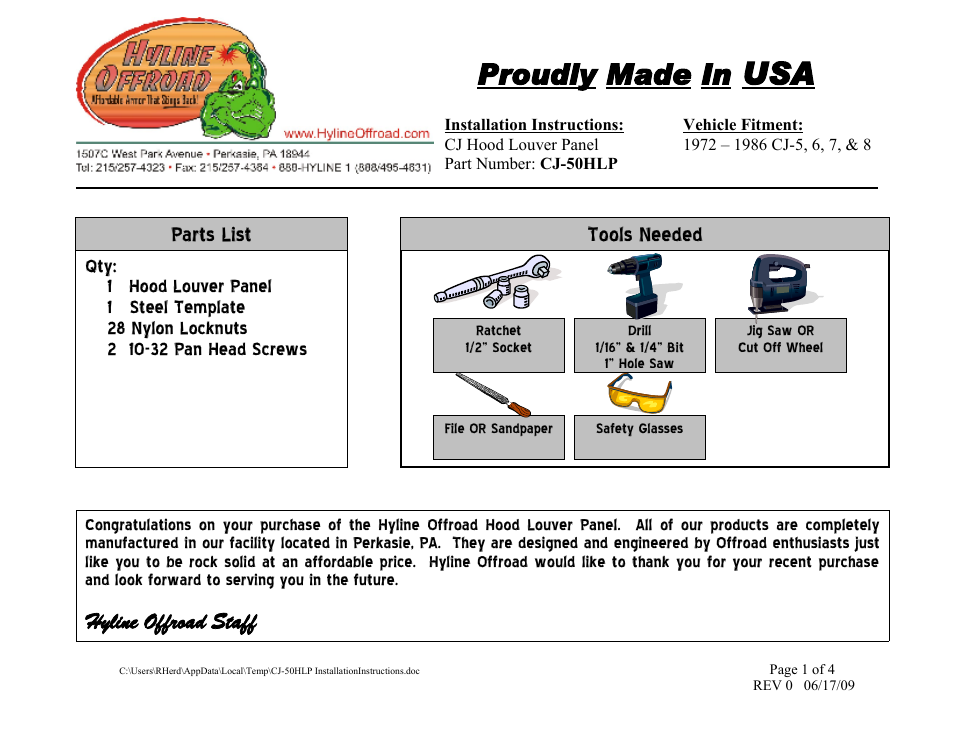 Hyline Offroad CJ LOUVERED HOOD PANEL User Manual | 4 pages