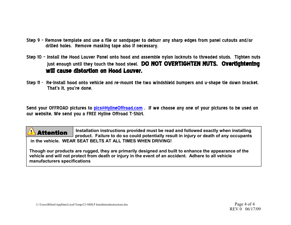 Hyline Offroad CJ LOUVERED HOOD PANEL User Manual | Page 4 / 4