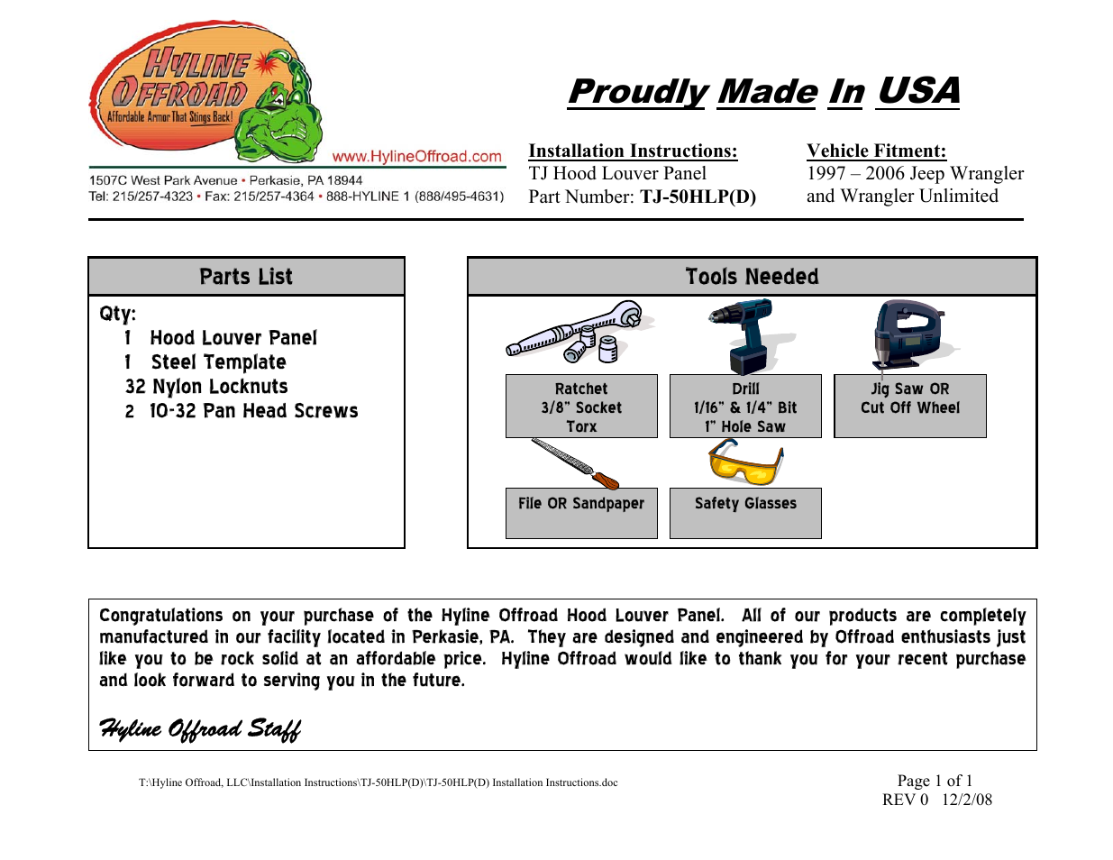 Hyline Offroad TJ LOUVERED HOOD PANEL FOR 03-06 WRANGLER User Manual | 4 pages