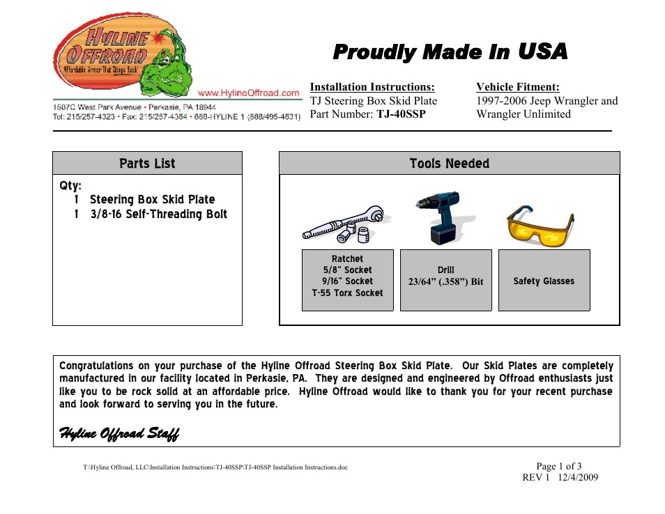 Hyline Offroad TJ STEERING BOX SKID PLATE User Manual | 3 pages