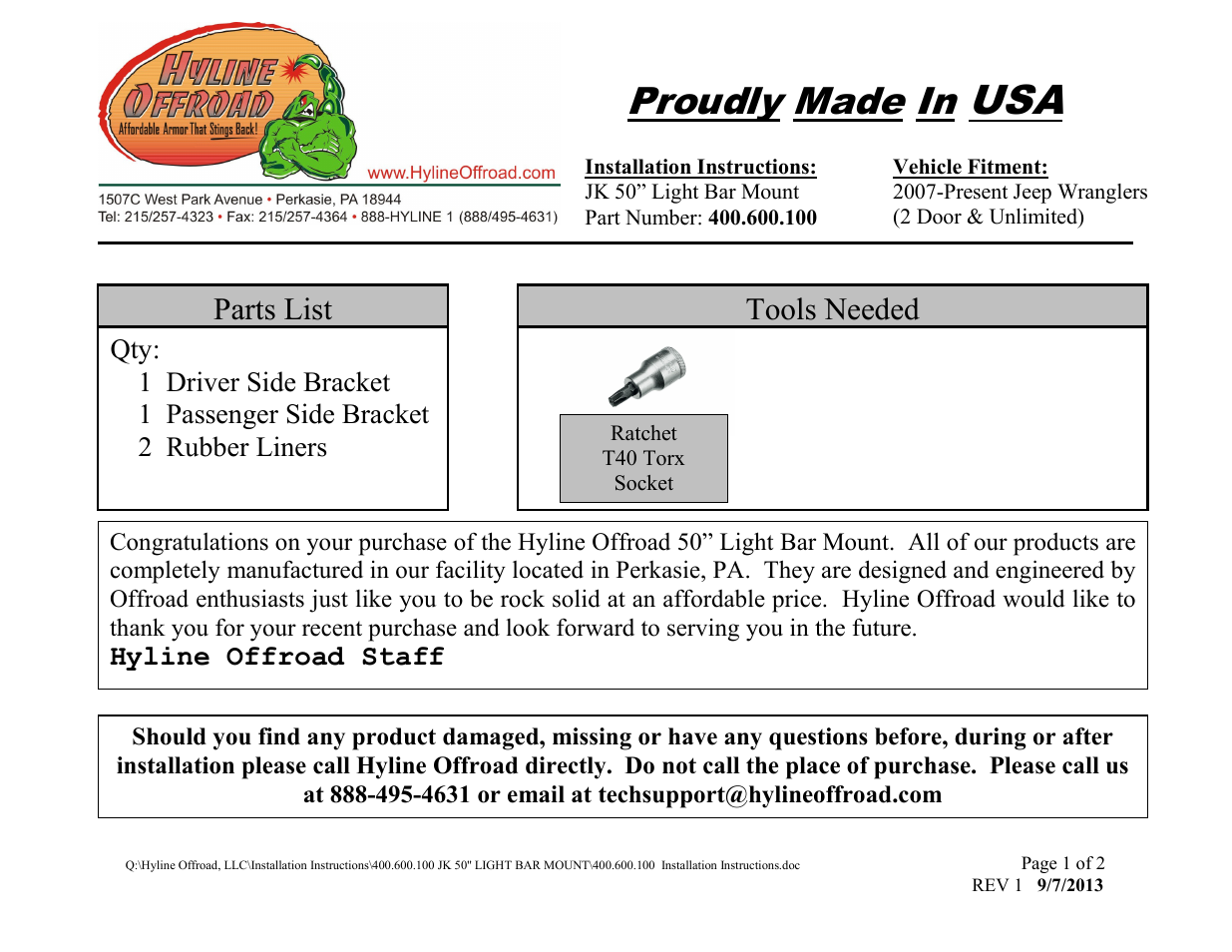 Hyline Offroad JK LED LIGHT BAR MOUNT User Manual | 2 pages