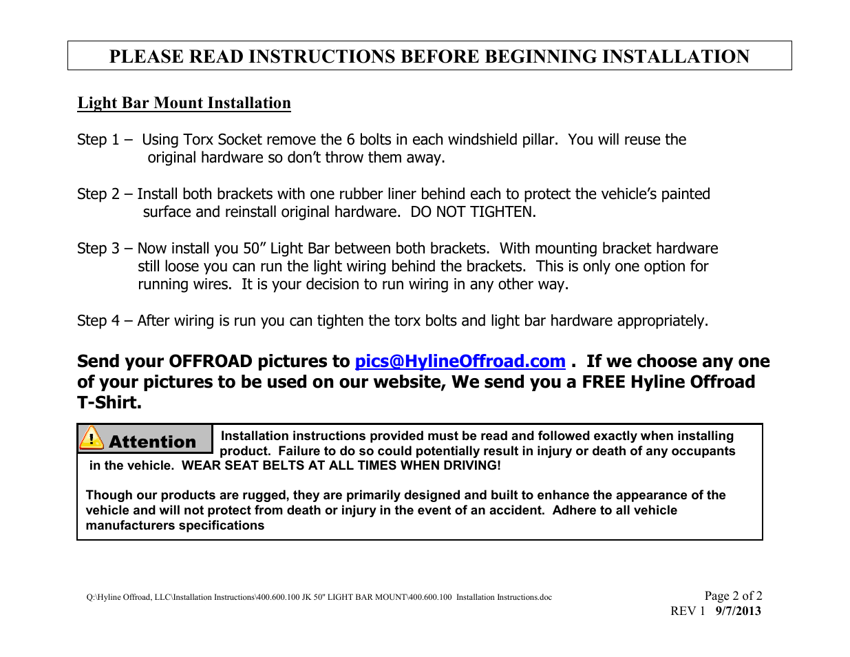 Hyline Offroad JK LED LIGHT BAR MOUNT User Manual | Page 2 / 2