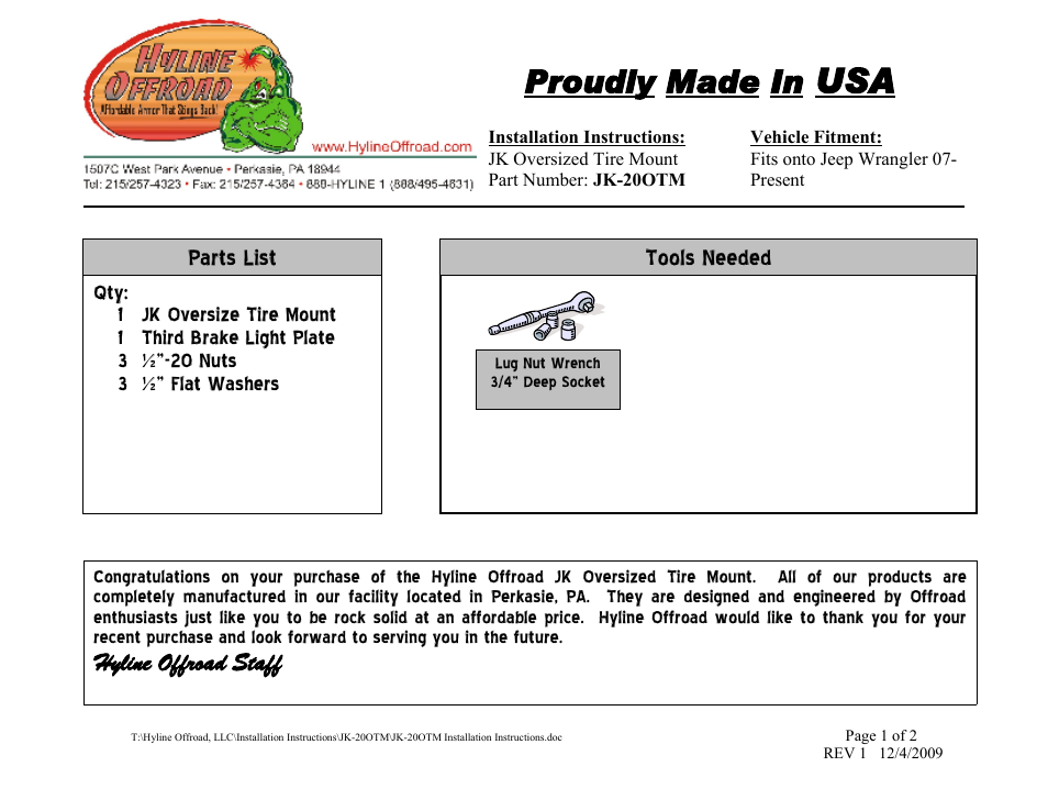 Hyline Offroad JK OVERSIZED TIRE MOUNT User Manual | 2 pages