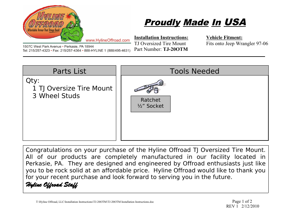 Hyline Offroad TJ OVERSIZED TIRE MOUNT User Manual | 2 pages