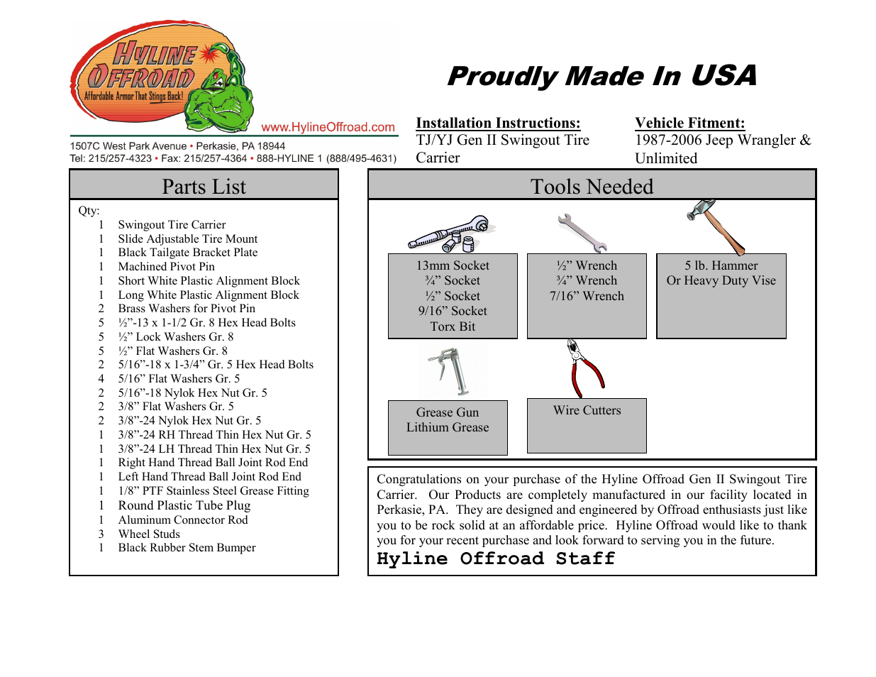 Hyline Offroad TJ/YJ REAR SWINGOUT TIRE CARRIER ASSEMBLY User Manual | 4 pages