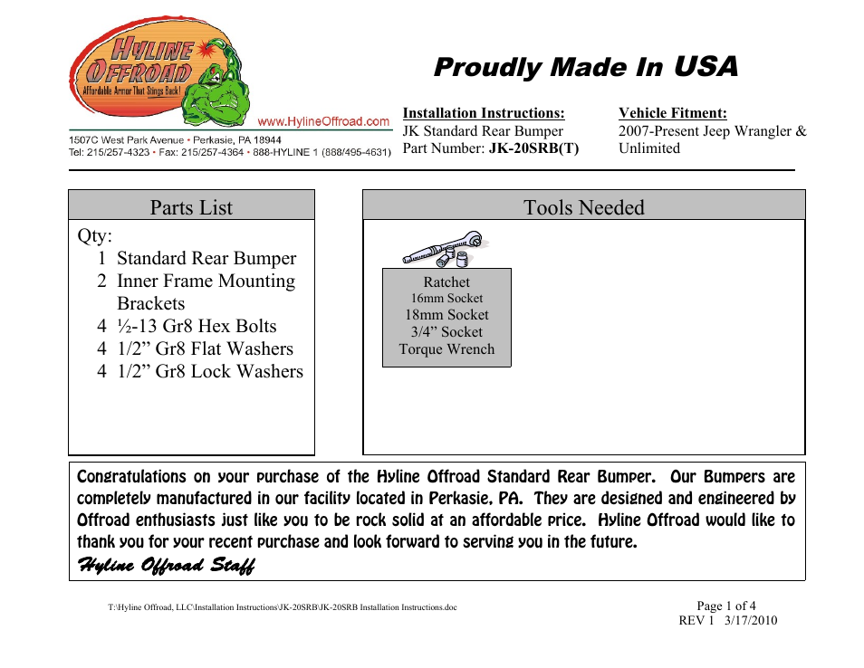 Hyline Offroad JK SERIES TIRE CARRIER READY REAR BUMPER User Manual | 4 pages