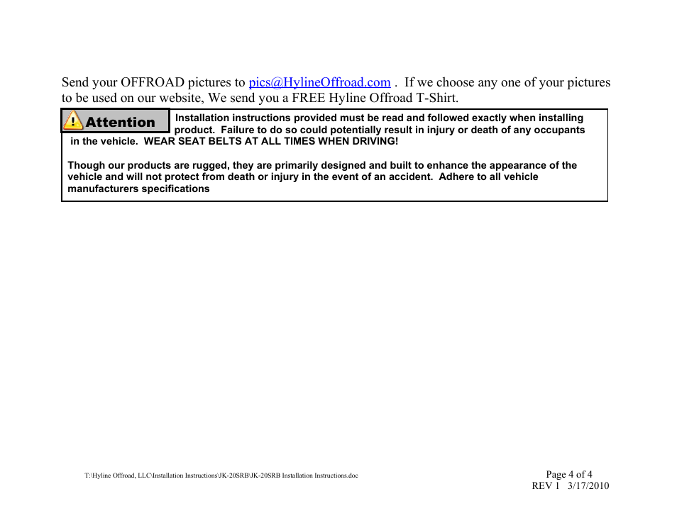 Attention | Hyline Offroad JK SERIES TIRE CARRIER READY REAR BUMPER User Manual | Page 4 / 4