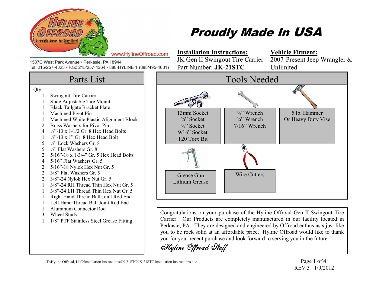 Hyline Offroad JK SERIES STANDARD REAR TIRE CARRIER User Manual | 4 pages