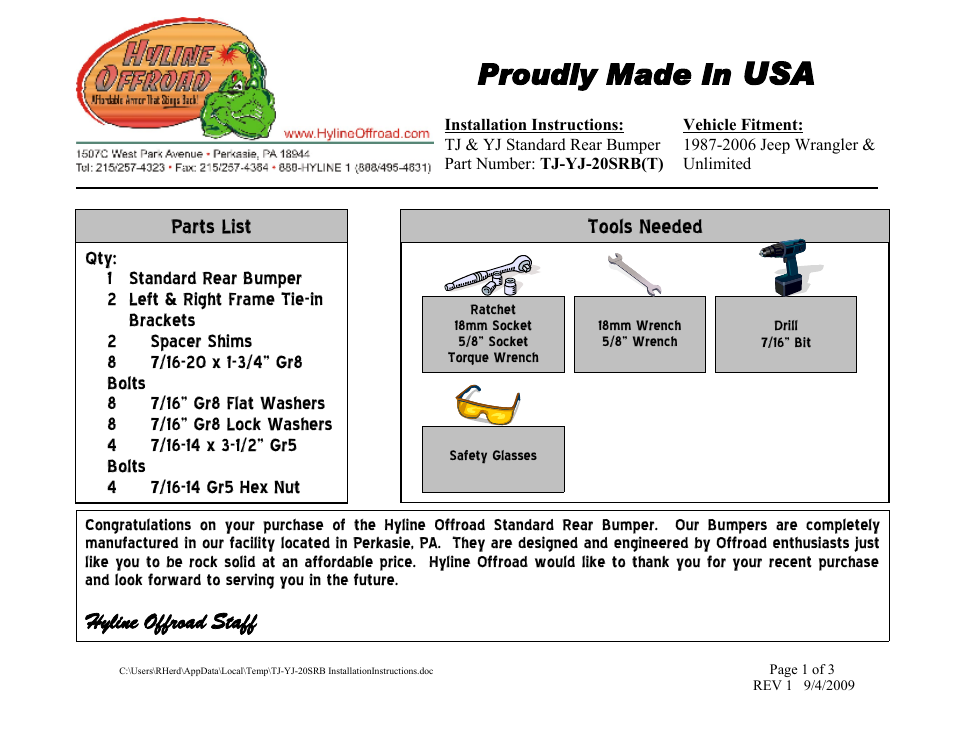 Hyline Offroad TJ/YJ STANDARD REAR BUMPER User Manual | 3 pages