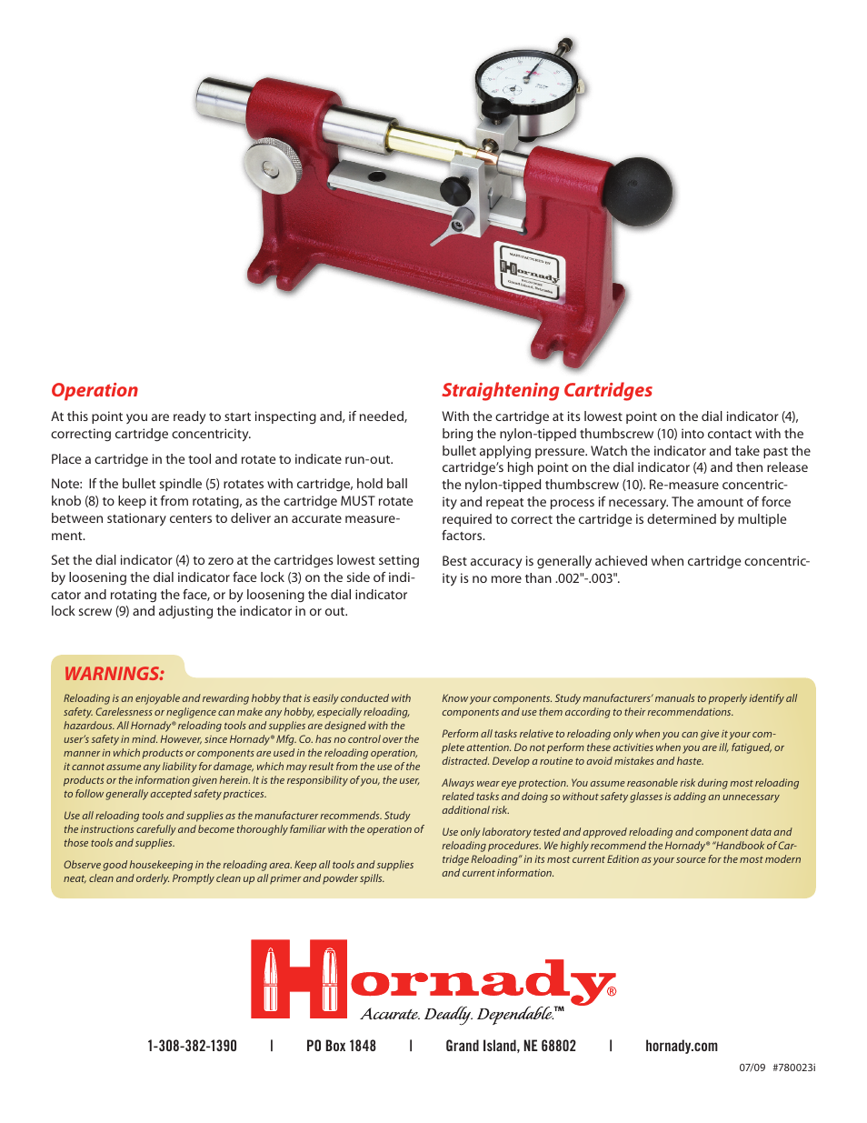 Warnings, Operation, Straightening cartridges | Hornady Lock-N-Load Concentricity Tool User Manual | Page 2 / 2