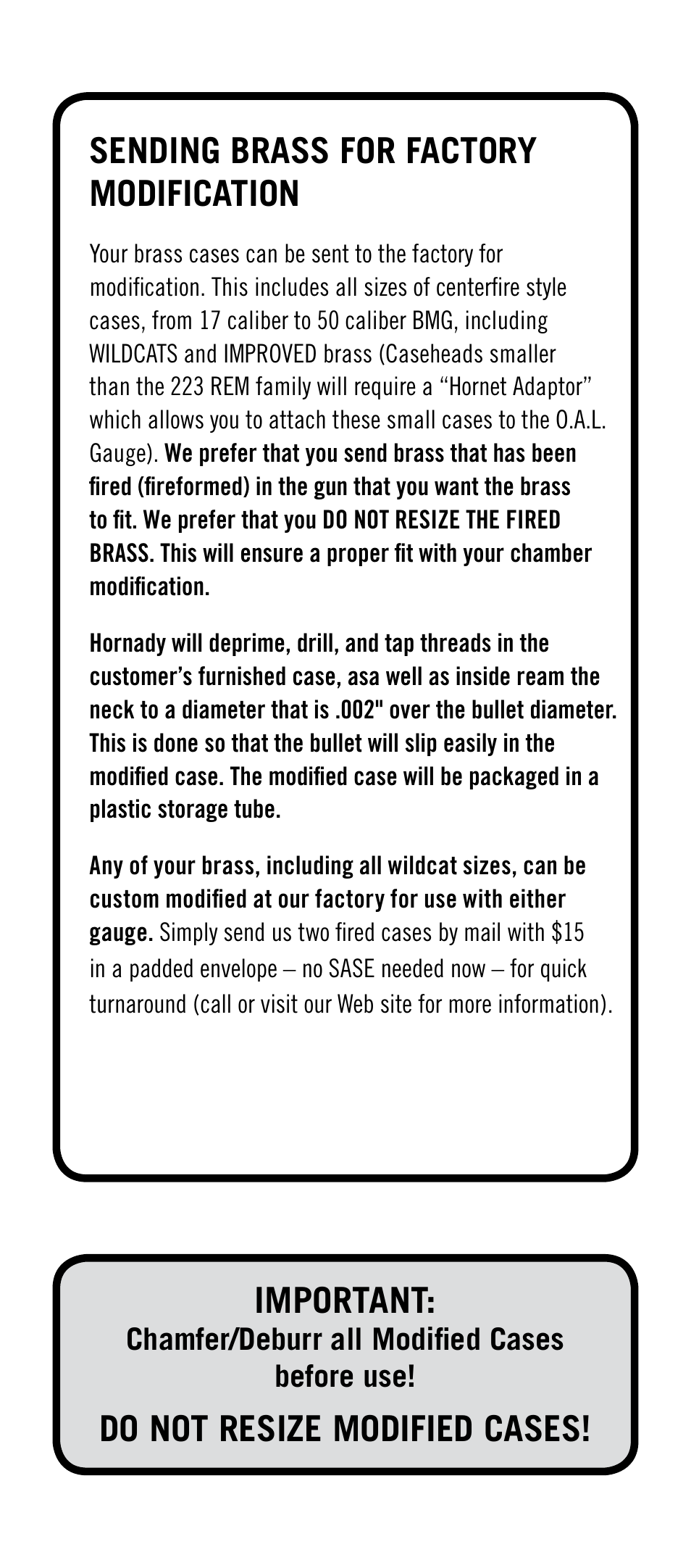 Sending brass for factory modification, Important, Do not resize modified cases | Hornady Lock-N-Load Overall Length (OAL) Gauges User Manual | Page 5 / 6