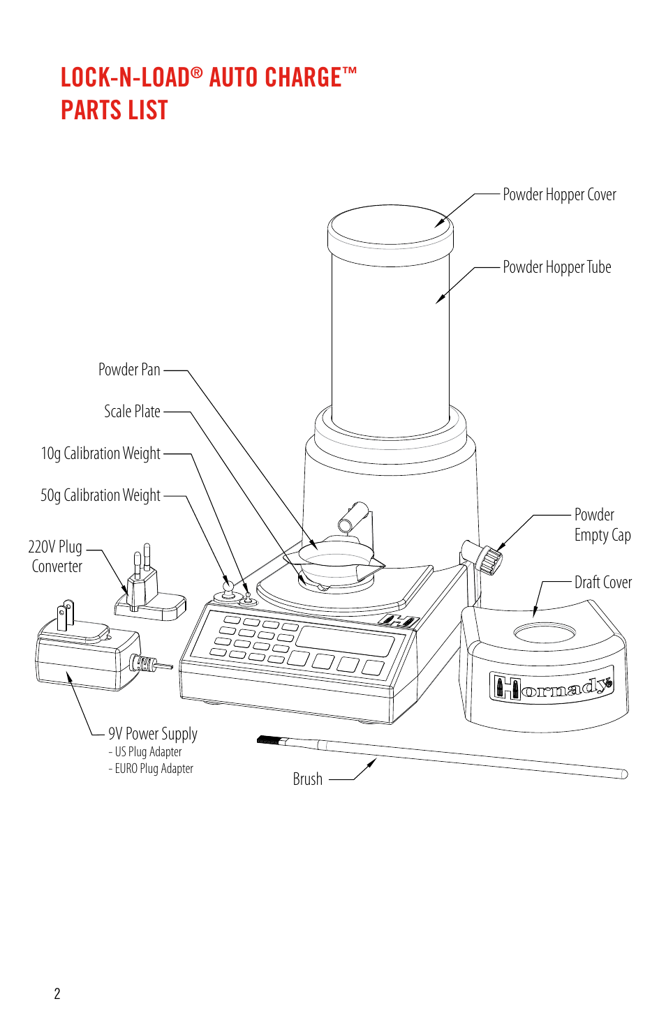 Lock-n-load, Auto charge, Parts list | Hornady Lock-N-Load Auto Charge User Manual | Page 2 / 8