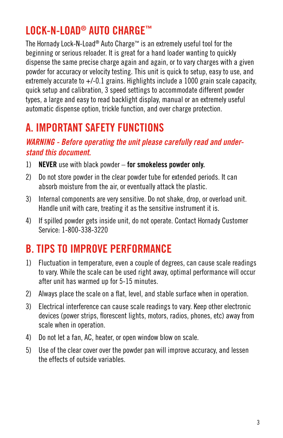 Lock-n-load, Auto charge, A. important safety functions | B. tips to improve performance | Hornady Lock-N-Load Auto Charge User Manual | Page 3 / 8