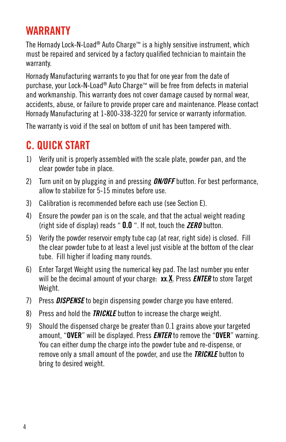 Warranty, C. quick start | Hornady Lock-N-Load Auto Charge User Manual | Page 4 / 8