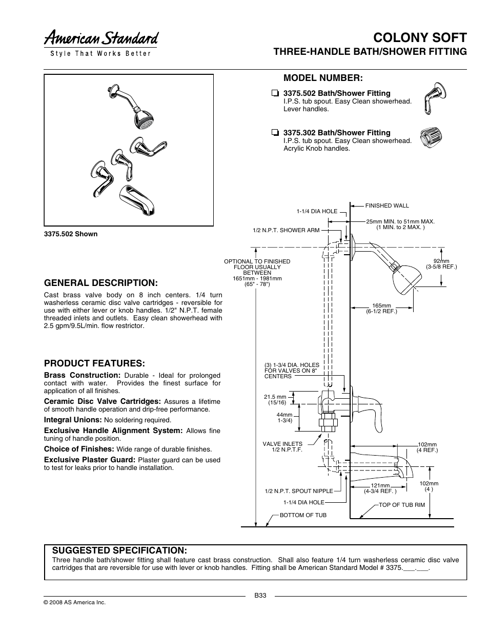 American Standard Colony Soft 3-Handle Bath/Shower Fitting 3375.302 User Manual | 2 pages
