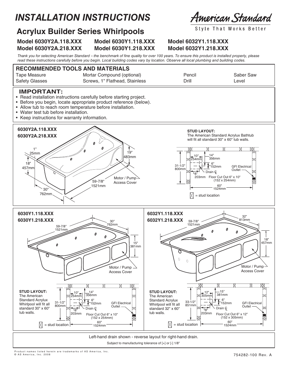 American Standard Acrylux Builder Series Whirlpools 6030Y1.118.XXX User Manual | 4 pages