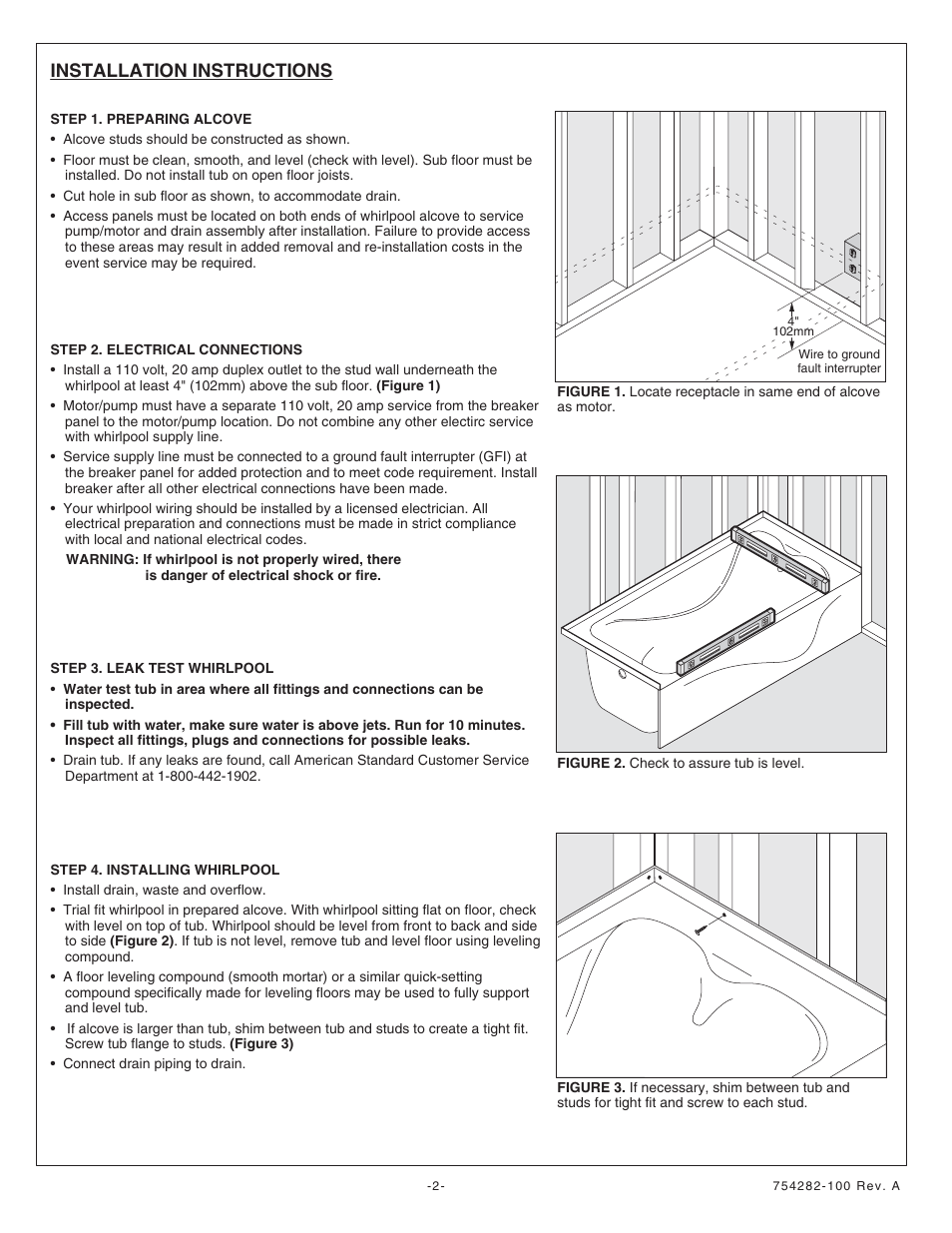 Installation instructions | American Standard Acrylux Builder Series Whirlpools 6030Y1.118.XXX User Manual | Page 2 / 4