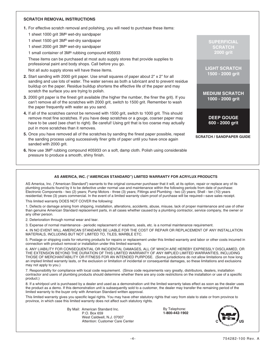 American Standard Acrylux Builder Series Whirlpools 6030Y1.118.XXX User Manual | Page 4 / 4