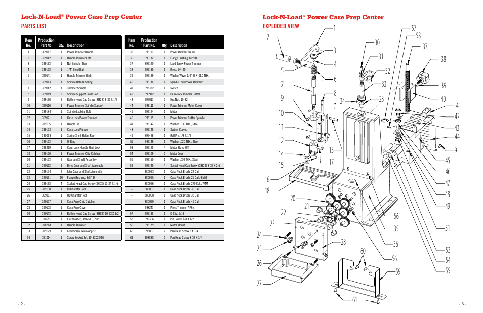 Lock-n-load, Power case prep center parts list lock-n-load, Power case prep center exploded view | Hornady Lock-N-Load Power Case Prep Center User Manual | Page 2 / 5