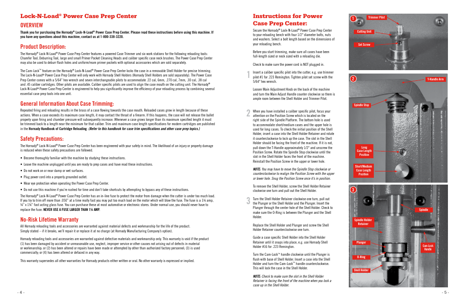 Instructions for power case prep center, Lock-n-load, Power case prep center overview | Product description, General information about case trimming, Safety precautions, No-risk lifetime warranty | Hornady Lock-N-Load Power Case Prep Center User Manual | Page 3 / 5