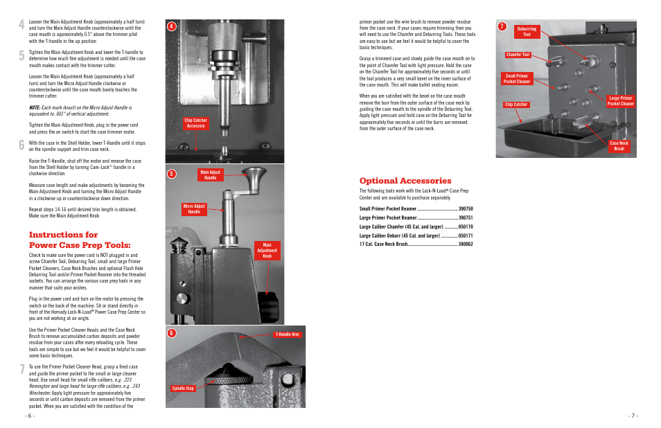 Instructions for power case prep tools, Optional accessories | Hornady Lock-N-Load Power Case Prep Center User Manual | Page 4 / 5
