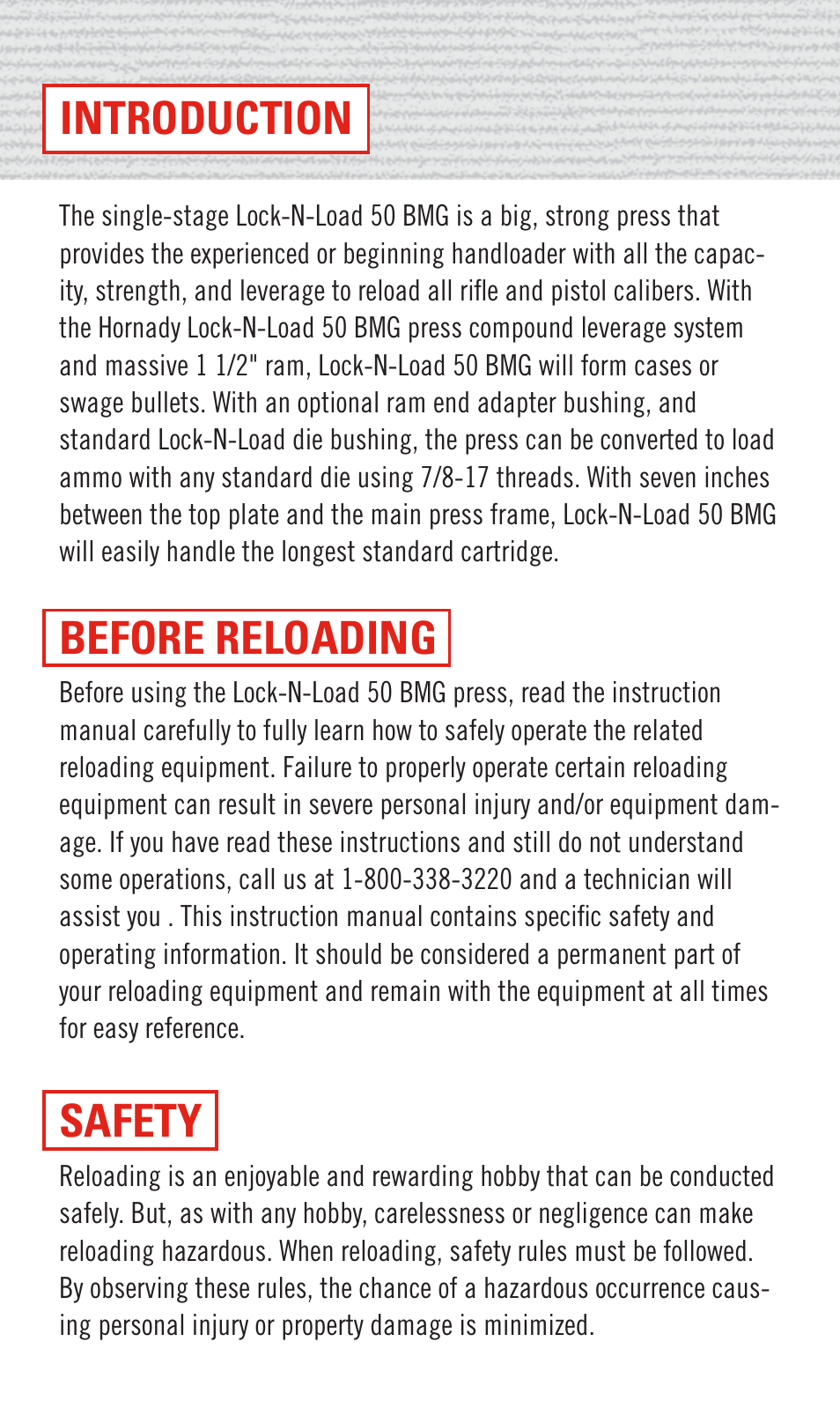 Installation, Introduction warning hornady warranty registration, Before reloading | Safety, Product warranty, Guidelines, 50 cal. bmg parts, No risk lifetime warranty, General, Loading data | Hornady 50 Cal. BMG User Manual | Page 2 / 12