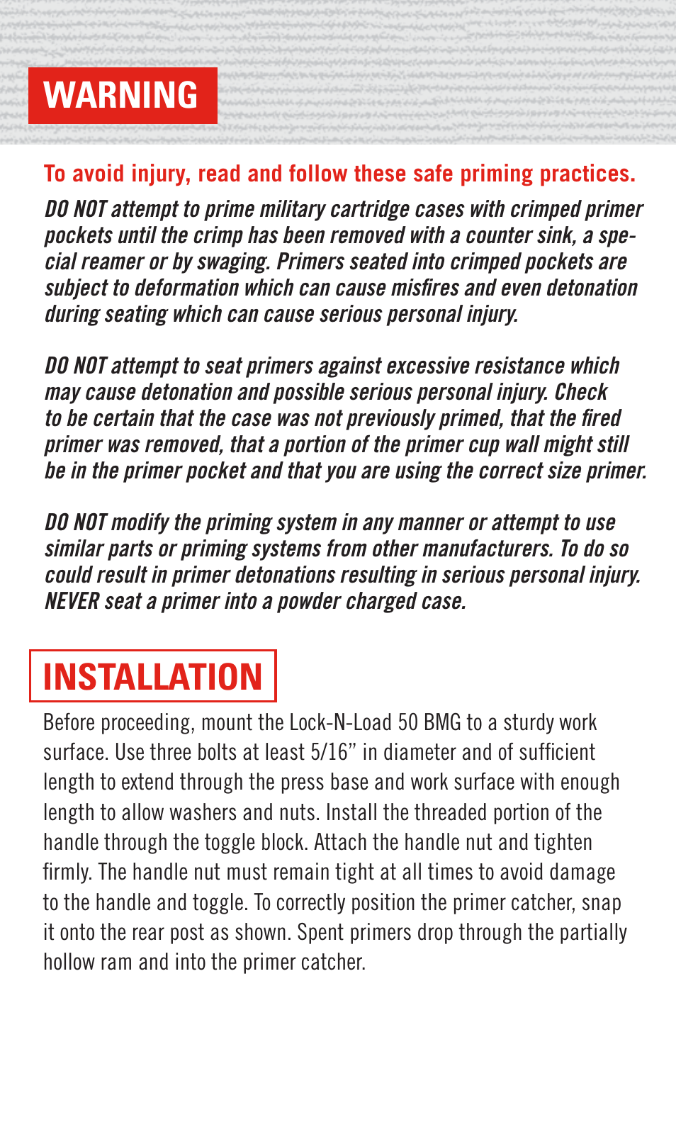 Installation, Introduction warning hornady warranty registration, Before reloading | Safety, Product warranty, Guidelines, 50 cal. bmg parts, No risk lifetime warranty, General, Loading data | Hornady 50 Cal. BMG User Manual | Page 3 / 12
