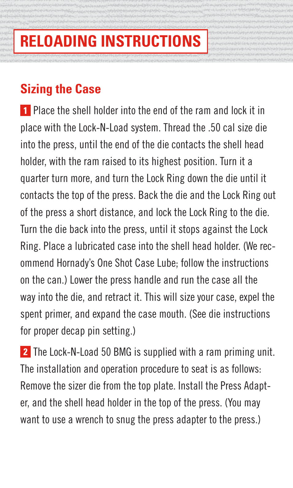 Lock-n-load, 50 cal. bmg, Reloading instructions | Hornady 50 Cal. BMG User Manual | Page 6 / 12