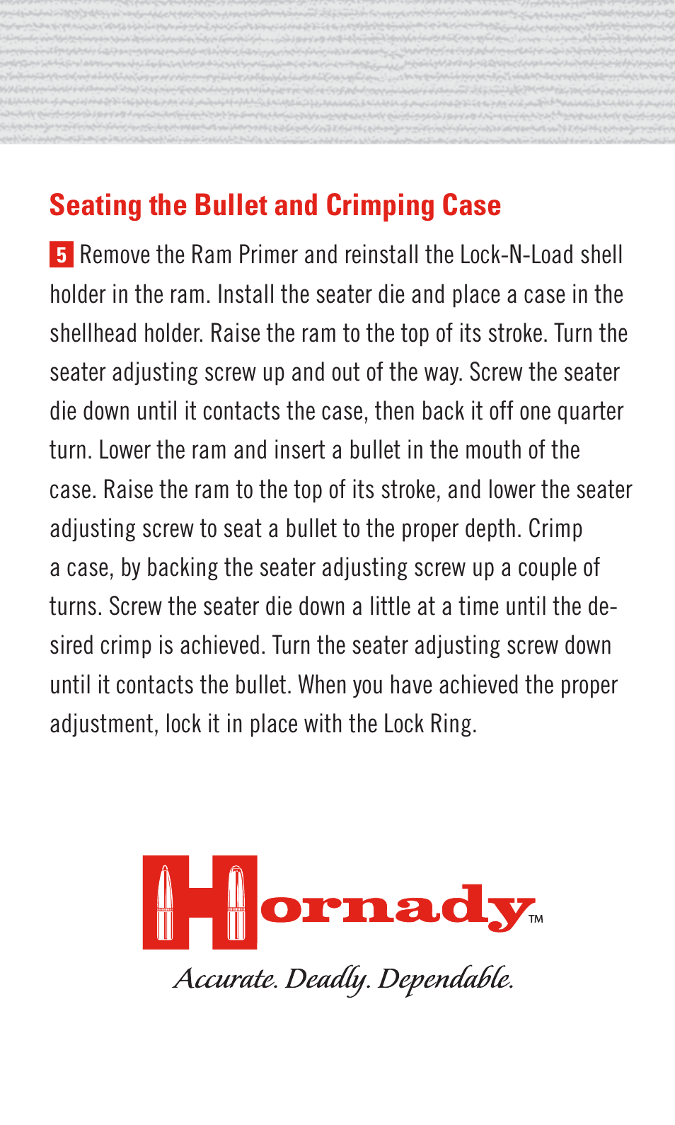Lock-n-load, 50 cal. bmg, Reloading instructions | Hornady 50 Cal. BMG User Manual | Page 9 / 12