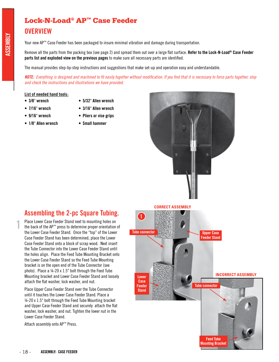 Lock-n-load, Case feeder overview, Assembling the 2-pc square tubing | Assembl y | Hornady Lock-N-Load Ammo Plant User Manual | Page 18 / 56