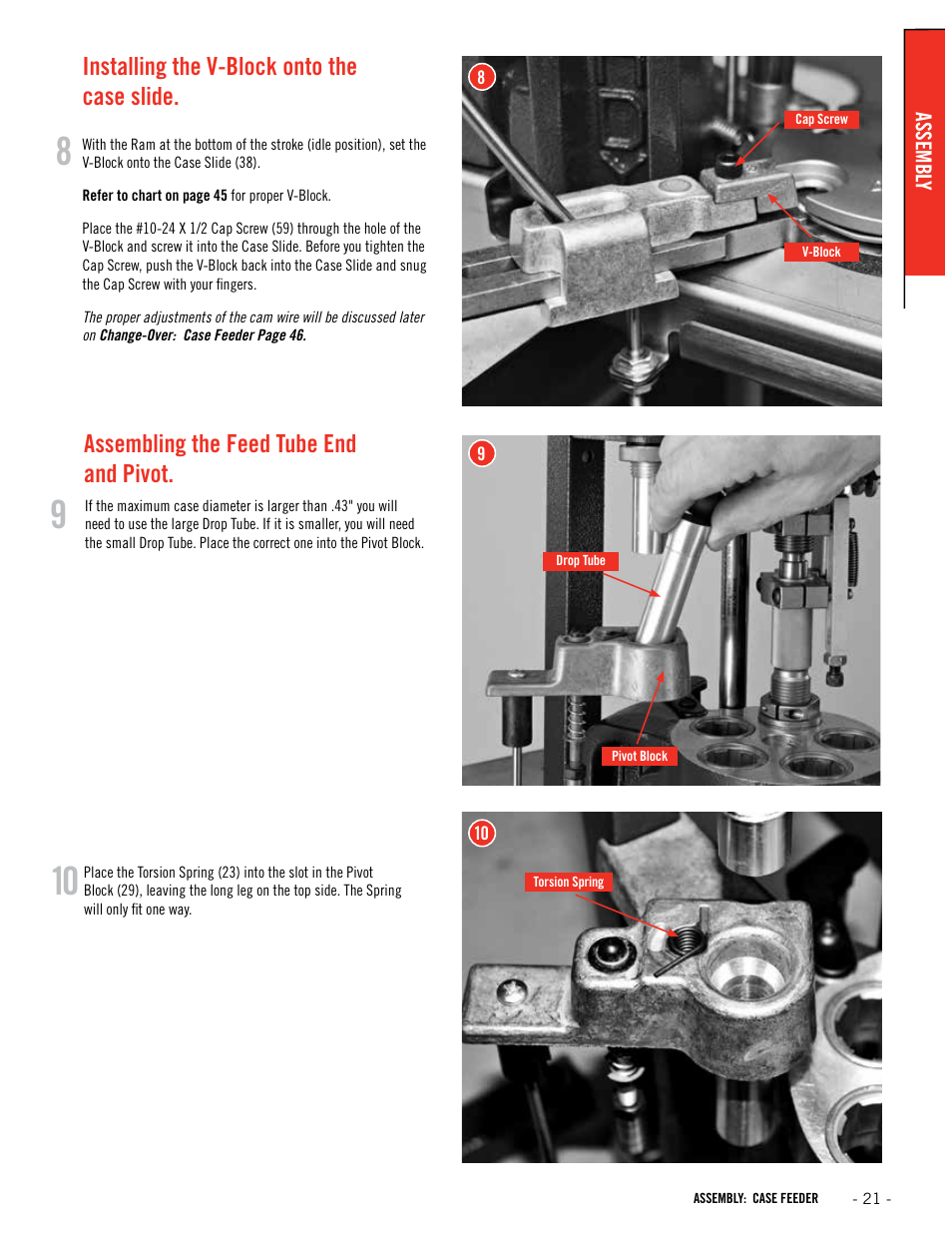 Installing the v-block onto the case slide, Assembling the feed tube end and pivot | Hornady Lock-N-Load Ammo Plant User Manual | Page 21 / 56