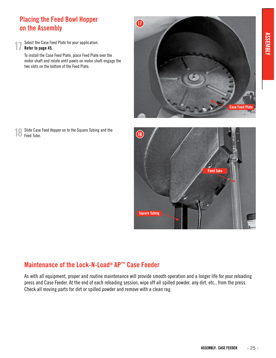 Placing the feed bowl hopper on the assembly, Maintenance of the lock-n-load, Case feeder | Hornady Lock-N-Load Ammo Plant User Manual | Page 25 / 56